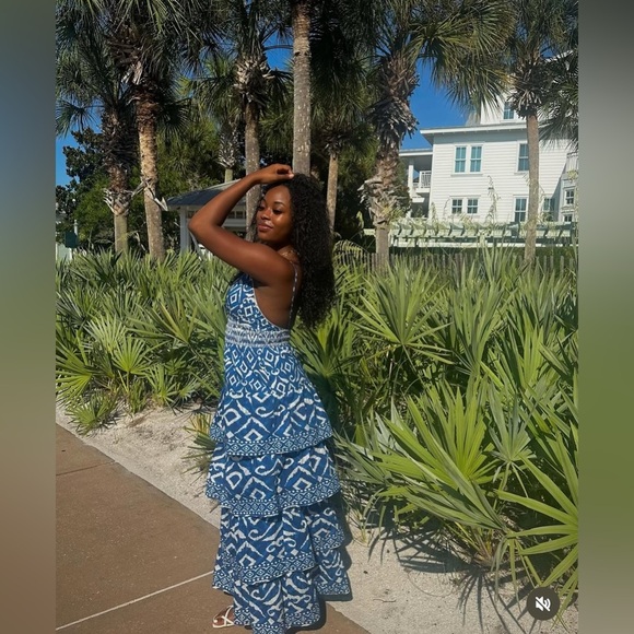 NWT Caroline Constas Blue and White Geometric Ikat Maxi Dress in size Large - Picture 3 of 10